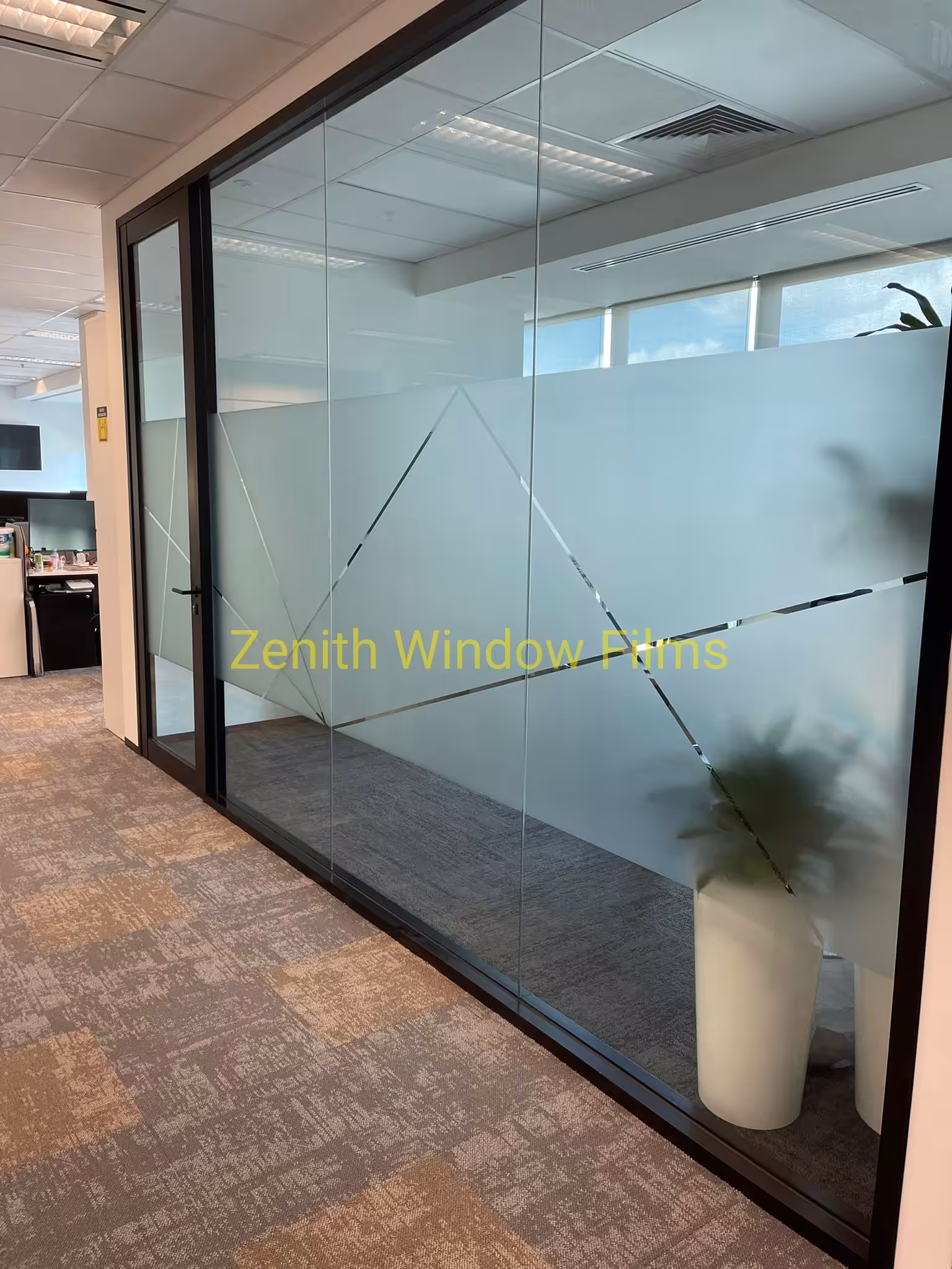 Frosted glass decals on office meeting room glass panels