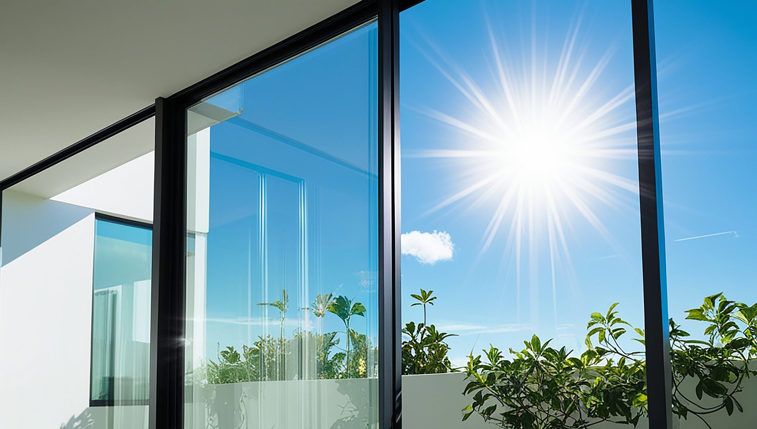 Direct sunlight facing windows used for solar film shade comparison